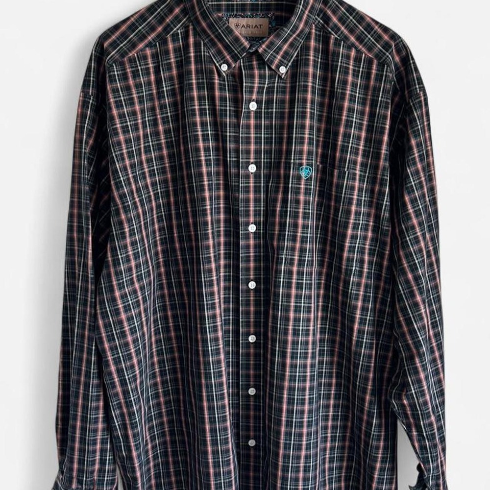 Ariat Wrinkle Resistant Plaid Button-Down Long Sleeve Shirt Mens 2XL Embroidered
